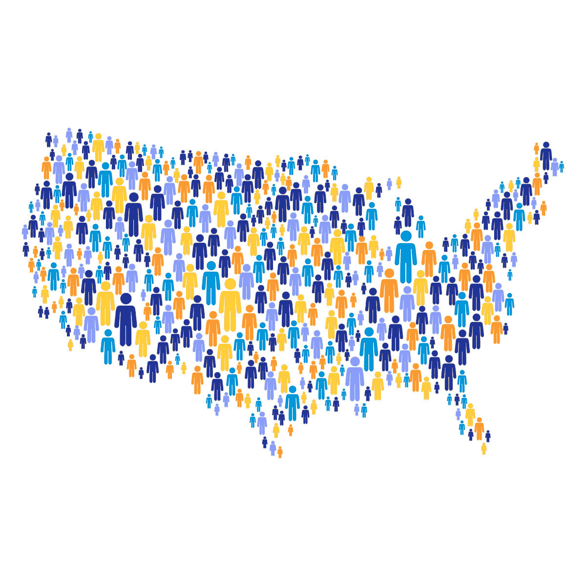 Illustration in shape of the United States filled with multicolored people