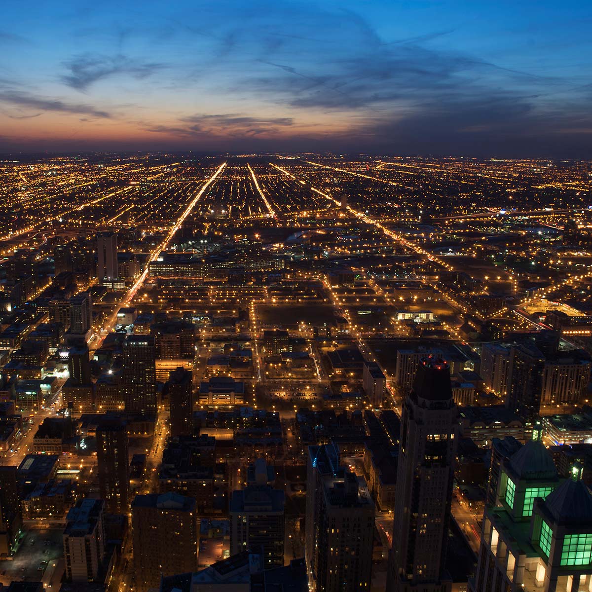 Aerial view of Chicago skyline at night