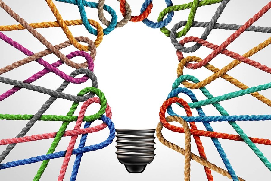 Illustration made with multicolor ropes forming a lightbulb shape